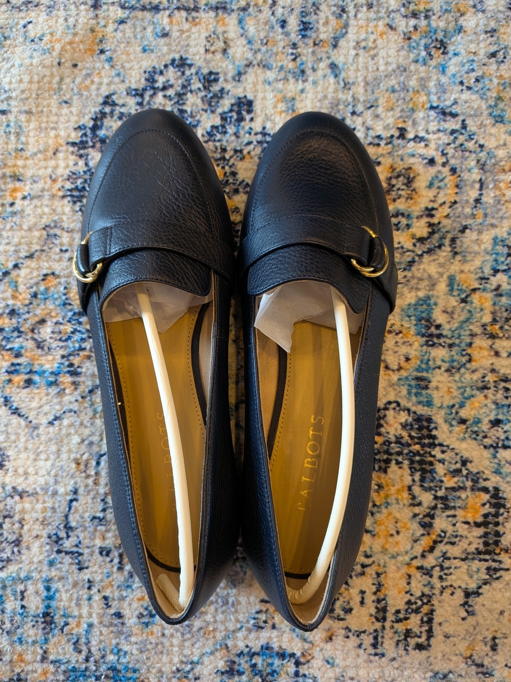 Talbots Black Pebbled Leather Loafers with Gold Ring Detail